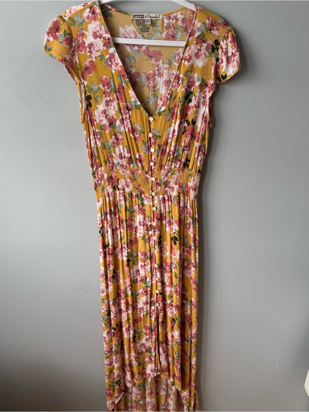 Gypsies & Moondust Womens Floral Button Front Midi Dress Mustard Yellow Size L